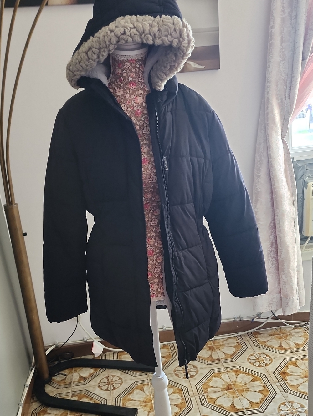 Black Puffer Coat with Faux Shearling Hood